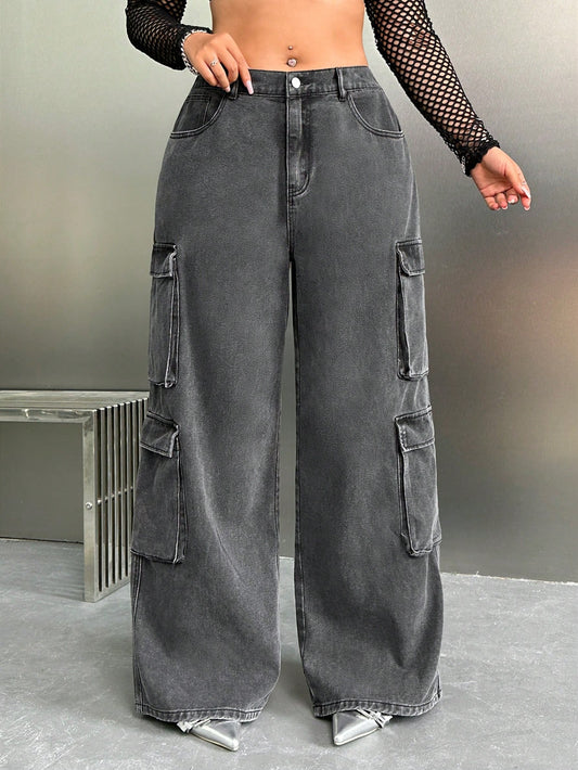 SHEIN ICON Y2K High Waist Black Cargo Pocket plus Size Straight Leg Jeans